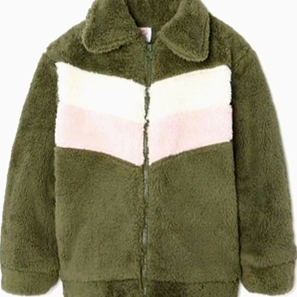 Girls Kids Jacket Fuzzy Plush Green Pink White Zip Thick Comfy Cozy